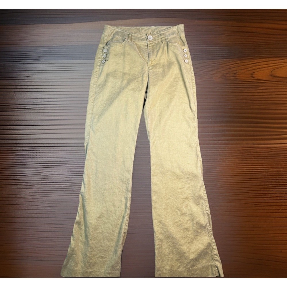 Cabi Women's Linen Blend Charlie Flare Pants Olive Green Size 2 Button Detail